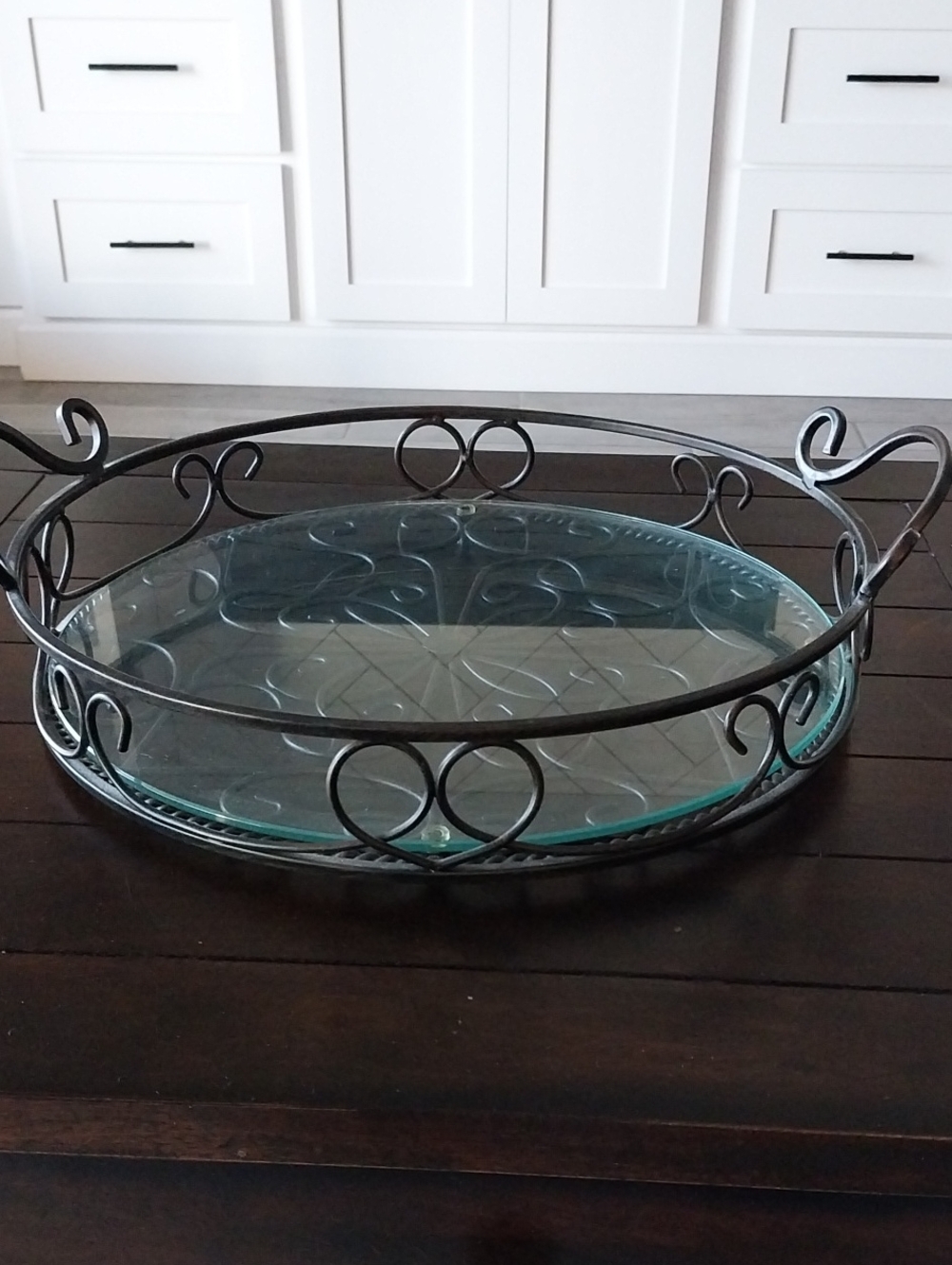 Southern Living At Home Black Metal Scrolled Vanity Tray with Clear Glass Insert